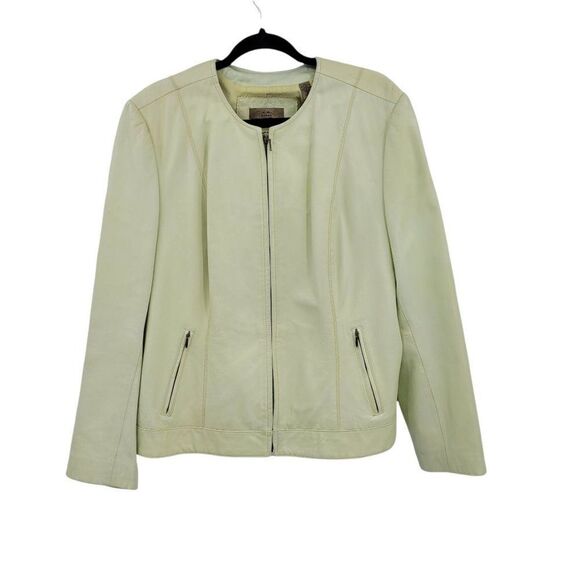 Y2K Pastel Pistachio Green Leather Jacket Collarless Zip Up Moto Blazer Sz 1X - Picture 1 of 10